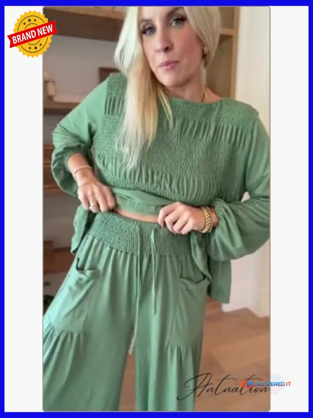 Women's Smocked Top & Wide Leg Pants Set Lounge Outfit with Pockets - Picture 6 of 7